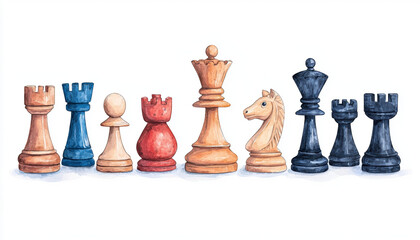 Chess pieces in watercolor style, showcasing variety of colors and shapes, perfect for game enthusiasts and art lovers alike