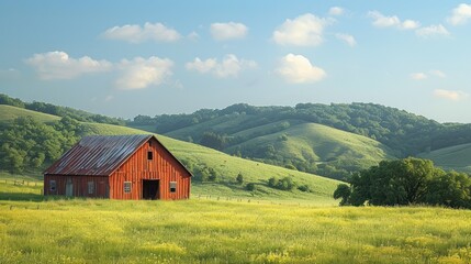 Obraz premium Red barn in grassy field with rolling hills and grazing cattle