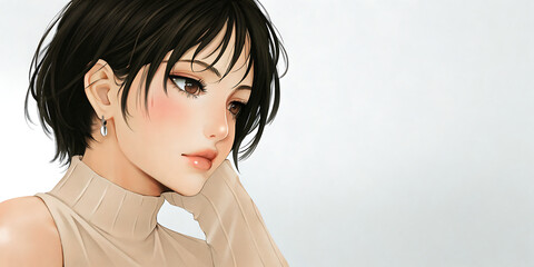 elegant anime girl portrait brown eyes, bob haircut, beige top.