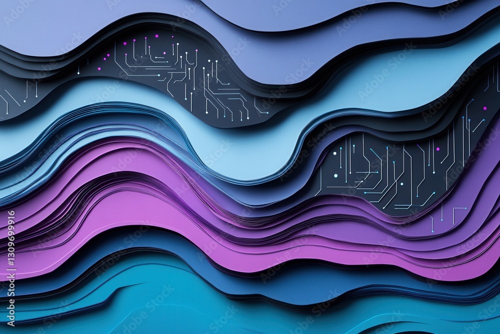 Fototapete Futuristic paper art design with abstract cut outs representing digital circuits in cool tones Generative AI