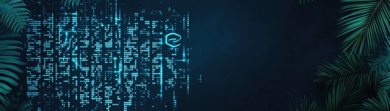 Abstract digital code, palm leaves, night.  Website banner