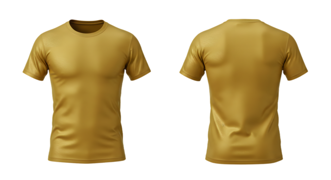 Realistic mockup of plain gold short-sleeve t-shirt displayed from front and back view on transparent background