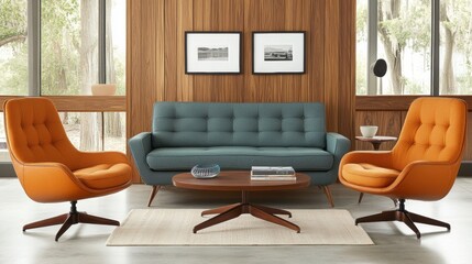 Mid-century modern living room with blue sofa and orange chairs in natural light
