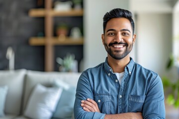 Naklejka premium Portrait of a smiling indian man in his 30s with arms crossed isolated in modern minimalist interior
