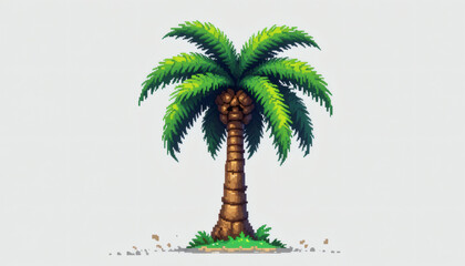 Obraz premium Stylized 8-bit pixel palm tree with chunky trunk and vibrant green canopy isolated on white background for retro tropical feel