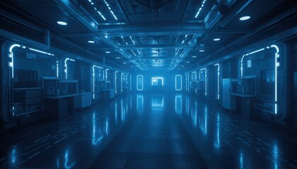Fototapeta premium Futuristic high-tech laboratory with blue neon lighting and advanced equipment