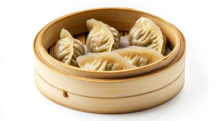 Jiaozi dumplings sit elegantly in a bamboo steamer, showcasing their intricate folds and inviting textures, perfect for enjoying with friends or family during a meal