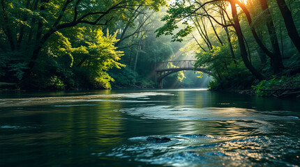 Obraz premium A calm river flowing through a forest, evoking peace and mental reset – Generative AI