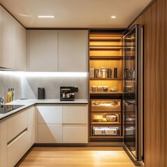 A modern kitchen interior showcasing storage and integrated appliances beautifully