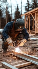 A skilled welder in a camouflage suit is expertly working on steel beams at a vibrant construction site