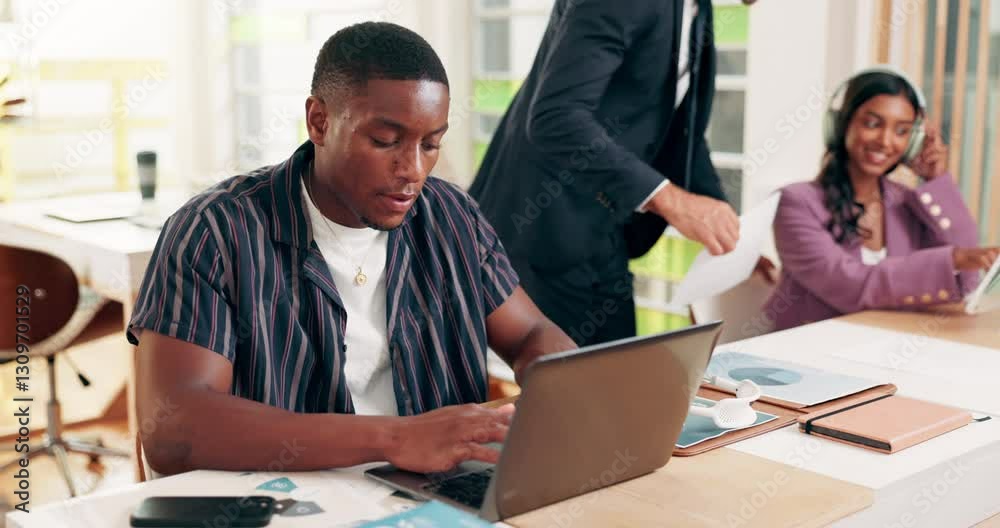 Aufkleber laptop, man and online for college assignment, typing and research for studying module. business cou