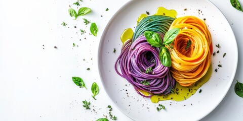 A plate of colorful spaghetti infused with natural vegetable dyes, featuring strands of purple, orange, and turquoise, served with olive oil and herbs, isolated on a white background
