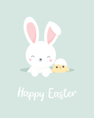 Easter greeting card. Cute bunny and chick looking out of a hole. Flat vector illustration