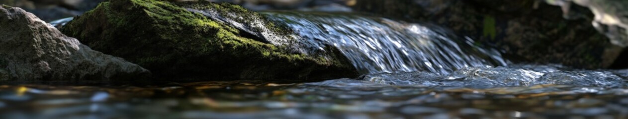 Naklejka premium Calm river water flows over moss-covered rocks in nature