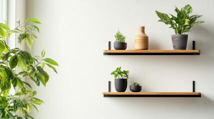 Fototapeta premium Two simple wooden shelves with potted plants, a vase, and succulents against a white wall.
