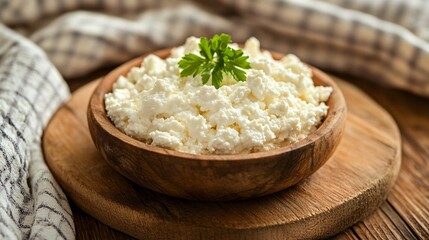 Fresh cottage cheese on wooden board for healthy diet