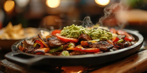 A sizzling steak fajita platter with guacamole, blurred energetic Mexican cantina kitchen