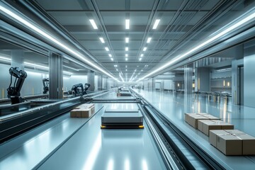 Obraz premium An advanced industrial warehouse with automated conveyor belts transporting packages, surrounded by robotic arms efficiently handling and sorting boxes