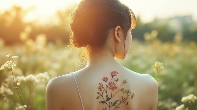 A beautiful Asian woman with a flower tattoo on her back, design under soft light background wallpaper AI generated image