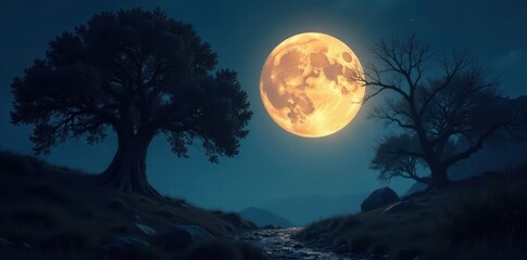 Naklejka premium Glowing moon illuminates ancient, shadowy trees , magical, night, fantasy