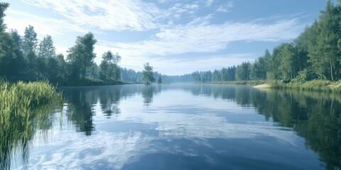 Fototapeta premium Calm river water reflecting blue skies and surrounding greenery