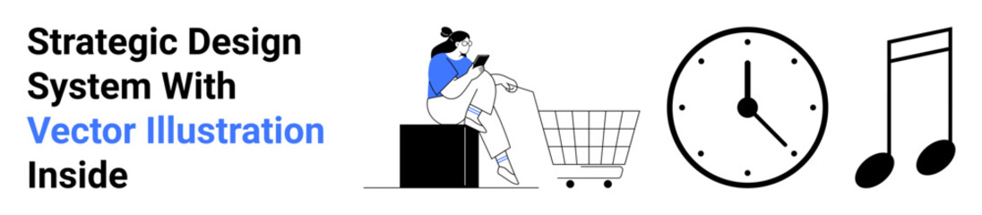 Woman browsing on phone near shopping cart, clock illustrating time, musical symbols representing audio. Ideal for e-commerce, time management, creativity, online shopping, music, digital tools flat