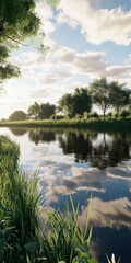 Obraz premium Calm river reflecting a picturesque sky with lush greenery