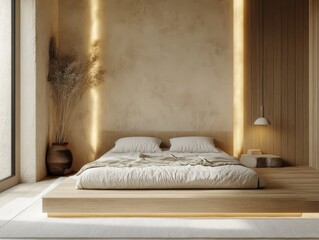 A minimalist bedroom with a platform bed and natural light