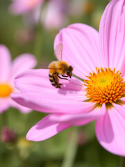 Obraz premium Bee collect pollen from pink flower (Cosmos bipinnatus). Close-up. Side view. Beautiful simple AI generated image