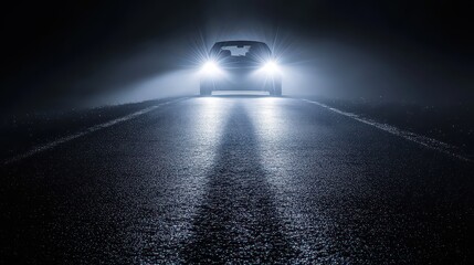 A dark urban road with a single car driving in the distance, headlights illuminating the misty night air.