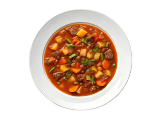 Hearty Stew on Plate, Savory Meal on White, Delicious Comfort Food, PNG Transparent
