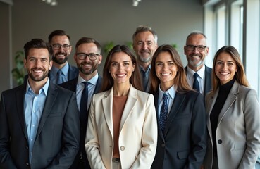 Fototapeta premium Group of business people in office. Multi-ethnic team of happy diverse employees standing, posing at camera. Leadership, gender equality, mature, young people business. Smiling, confident men, women