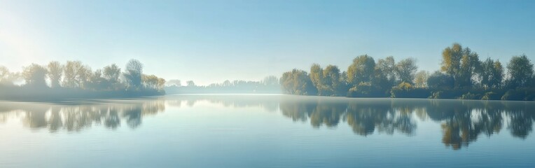 Obraz premium Tranquil river landscape with reflections under morning light