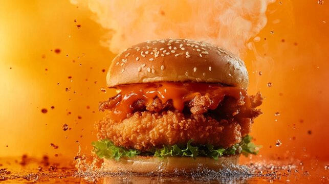 publicitaria de una hamburguesa de pollo frito, la fotograf&Atilde;&shy;a tiene fondo naranja, la hamburguesa es grande y resalta la textua crujiente del pollo frito