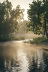 Obraz premium Morning mist rising over quiet river surrounded by lush trees