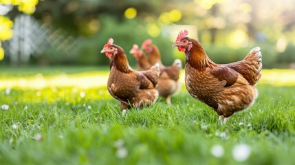Four brown hens grazing on lush green grass in sunlight with blurred natural background, showcasing free-range poultry farming and healthy, sustainable agricultural practices...