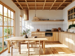 A modern kitchen design with wooden accents and natural lighting