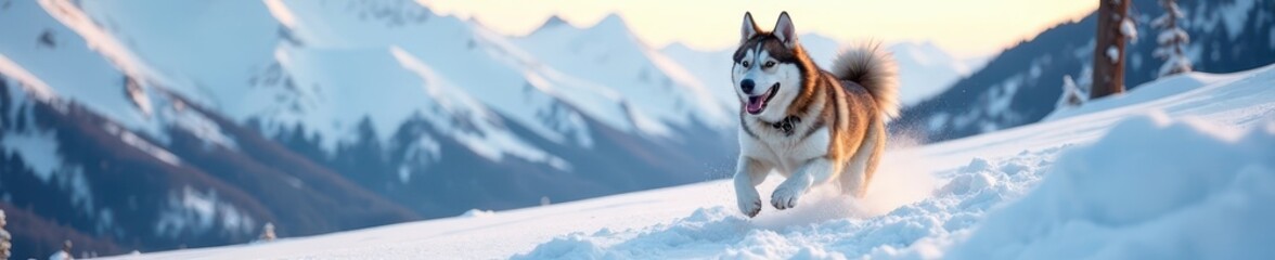 Joyful husky bounds through deep snow, majestic mountains backdrop, running, energy, blue