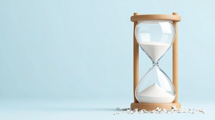 hourglass filled with sand on a blue background. The sand is slowly passing through the glass