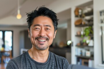 Obraz premium Portrait of a joyful asian man in his 40s smiling at the camera on modern minimalist interior