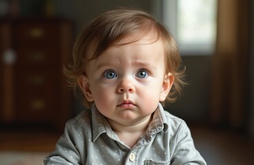 Close-up portrait of serious baby with blue eyes wearing grey shirt. Toddler with stern look has light brown hair. Concept of childhood innocence, baby care, family.