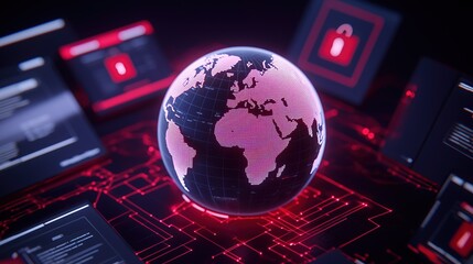a digital illustration showing the concept of global cyber security. the globe is surrounded by computer screens and lock icons, the image suggests a threat of cyberattacks.
