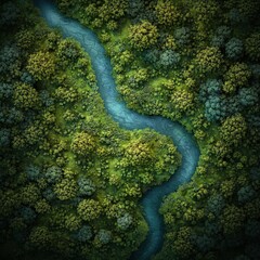 Fototapeta premium Serene river winding through lush green forest landscape