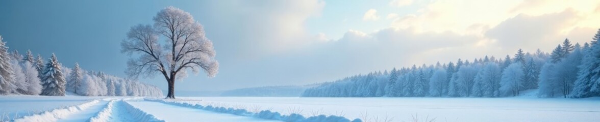 A solitary tree in the midst of a snowy forest, frosty, open