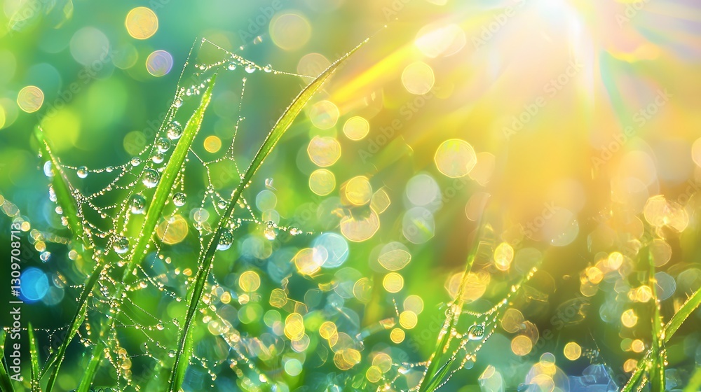 Aufkleber Macro shot of glowing morning dew on a spiderweb, creating a rainbow effect under soft sunlight, cinematic intricate natural artistry