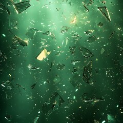 Fototapeta premium Shattered Glass Fragments Falling Emerald Green Background