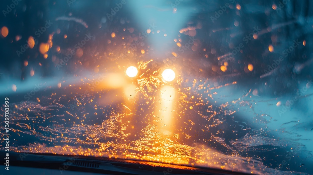 Aufkleber close-up of glowing frost patterns forming on a car windshield illuminated by soft morning light, ci
