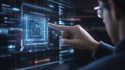 Futuristic interface interaction with holographic display by business professional