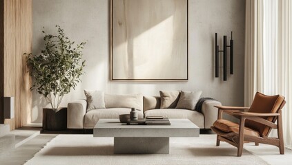 Modern minimalist living room with beige sofa, wooden chair, and concrete coffee table. Sunlight streams into the room, highlighting the neutral color palette.