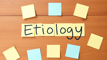 Concept of Etiology write on sticky notes isolated on Wooden Table.